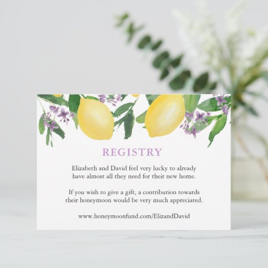 Lemons Paarse Vrijgezellenfeest Registry of Detail Informatiekaartje (Staand voorkant)