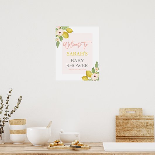 Lemons Pink Floral Baby shower Welkomstbord Poster (Keuken)