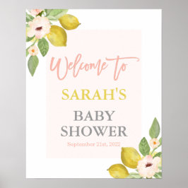Lemons Pink Floral Baby shower Welkomstbord Poster