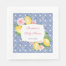Lemons Pink Flowers Blue Tiles Baby shower Party