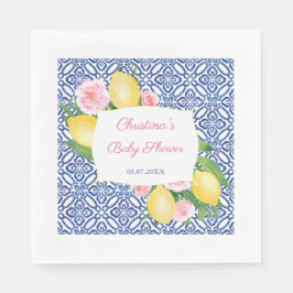 Lemons Pink Flowers Blue Tiles Baby shower Party Servet