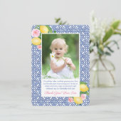 Lemons Pink Positano Blue Tegels Baby shower Foto Bedankkaart (Staand voorkant)