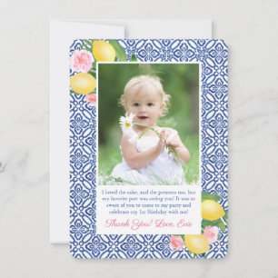 Lemons Pink Positano Blue Tegels Baby shower Foto Bedankkaart