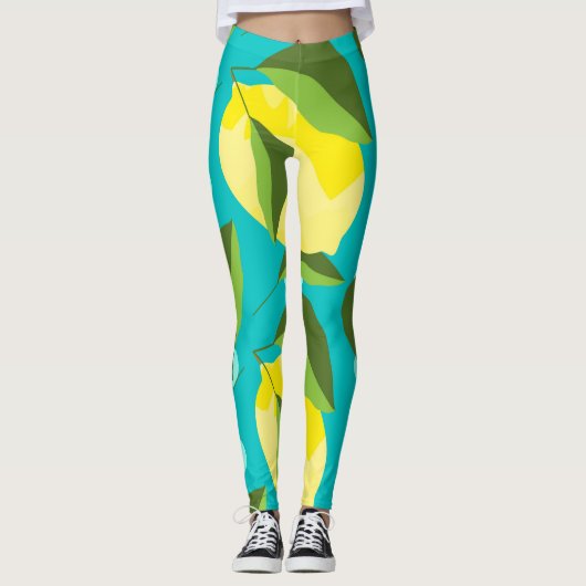 Lemons Polka Dot: blauwe achtergrond. Leggings (Voorkant)