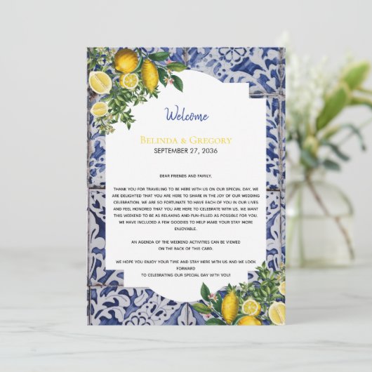 Lemons Portugese Tegels Weddenschap Welkomstreisro Programmakaart (Staand voorkant)