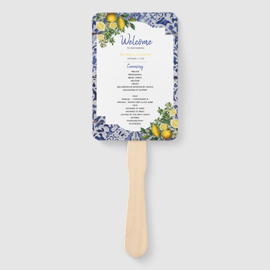 Lemons Portugese Tegels Wedding Programme Handwaaier (Voorkant)