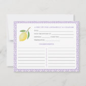Lemons Purple Text Bridal Shower Recipe Card Kaart (Voorkant)