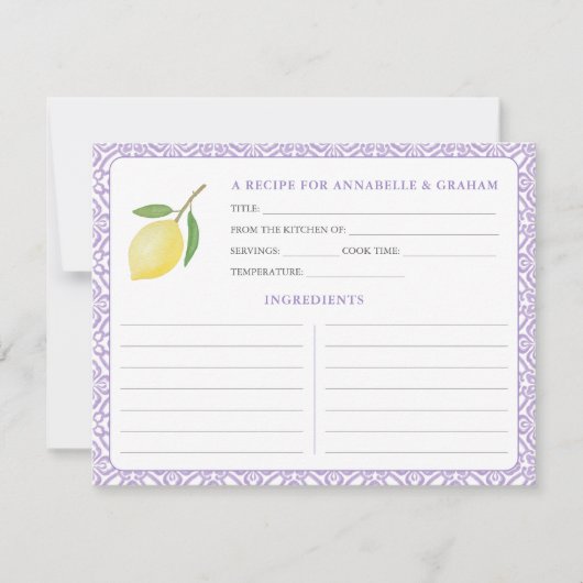 Lemons Purple Text Bridal Shower Recipe Card Kaart (Voorkant)