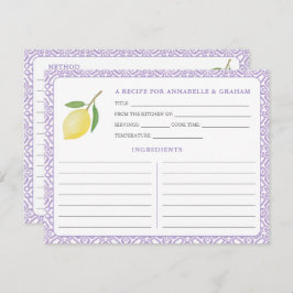 Lemons Purple Text Bridal Shower Recipe Card Kaart