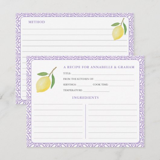 Lemons Purple Text Bridal Shower Recipe Card Kaart (Voorkant / Achterkant)