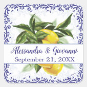 Lemons Royal Blue Toile Filigree Invitation Vierkante Sticker (Voorkant)