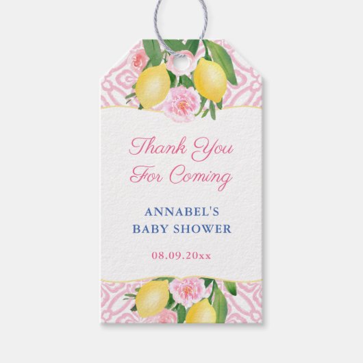 Lemons Roze Tegel Meisje Baby shower Party Favor Cadeaulabel (Voorkant)