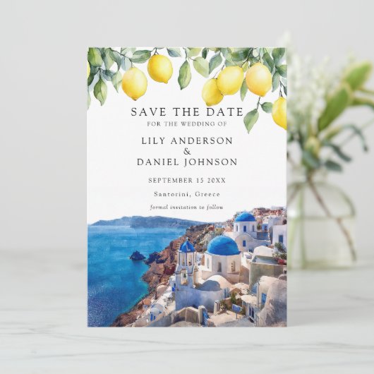 Lemons Santorini Greece Wedding Save The Date (Staand voorkant)