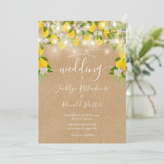 Lemons String Lights Rustic Kraft Wedding Kaart (Staand voorkant)