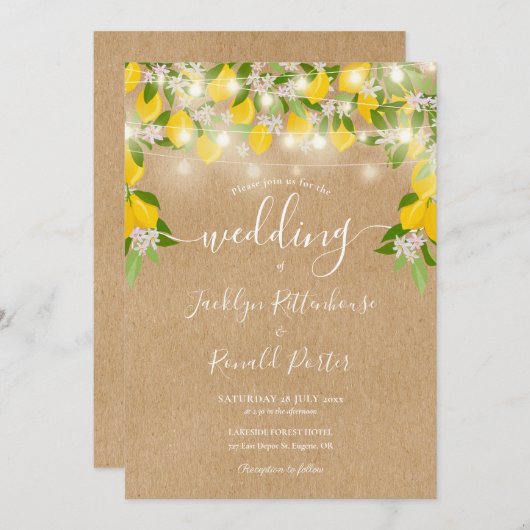 Lemons String Lights Rustic Kraft Wedding Kaart (Voorkant / Achterkant)