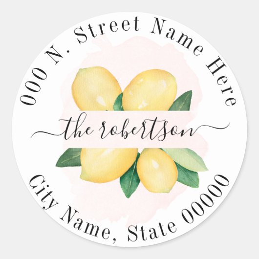 Lemons Summer Return Address Pink Waterverf Ronde Sticker (Voorkant)