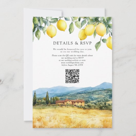 Lemons Tuscan Scene Italian QR Code Wedding Kaart (Achterkant)