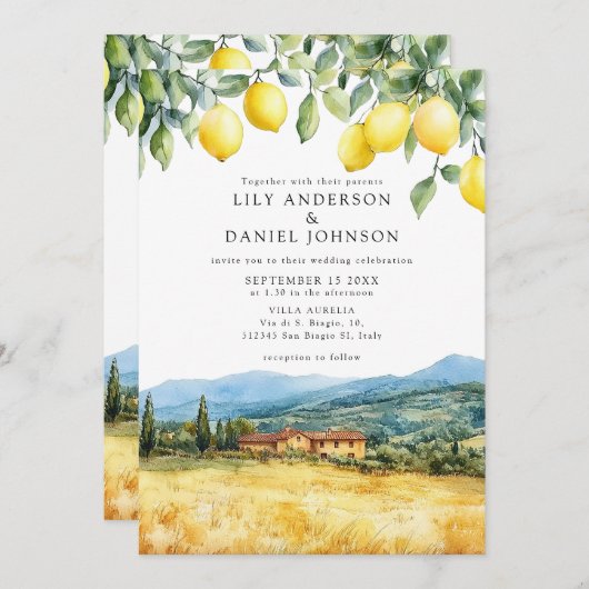 Lemons Tuscan Scene Italian QR Code Wedding Kaart (Voorkant / Achterkant)