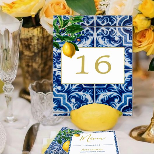 Lemons Tuscan Tile Blue Wedding Kaart