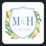 Lemons Wedding Monogram Logo Vierkante Sticker<br><div class="desc">Dit klassieke ontwerp is voorzien van een eenvoudig en elegant koppels kam monogram omringd door waterverf citroenen,  bladeren en bloesems.</div>