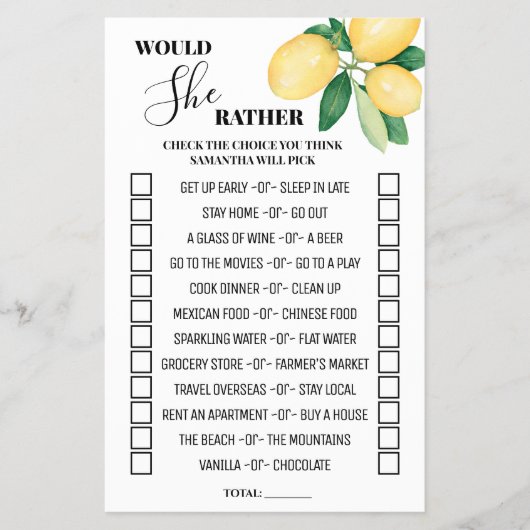 Lemons wil liever Vrijgezellenfeest spel Kaart (Voorkant)