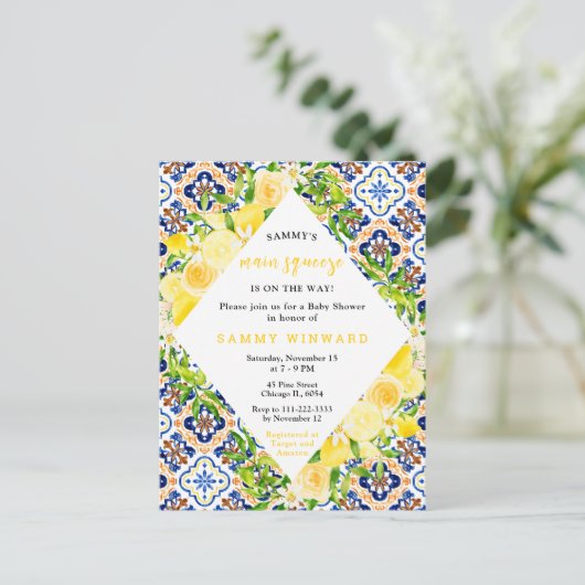 Lemons with Foliage Mediterranean Baby Shower Briefkaart (Staand voorkant)