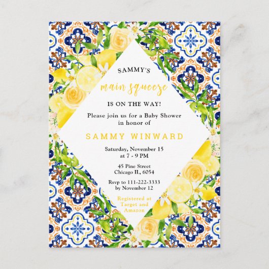 Lemons with Foliage Mediterranean Baby Shower Briefkaart (Voorkant)