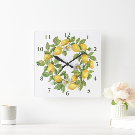 Lemons Wreath Green Yellow Vierkante Klok (Huis)