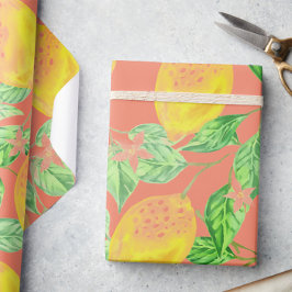 Lemonvruchtpatroon geel en perzikroze cadeaupapier