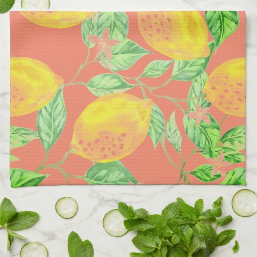 Lemonvruchtpatroon geel en perzikroze theedoek (Gevouwen)