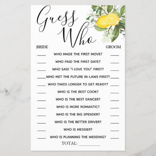 Lemony Guess Wie Vrijgezellenfeest spelkaart Flyer (Voorkant)