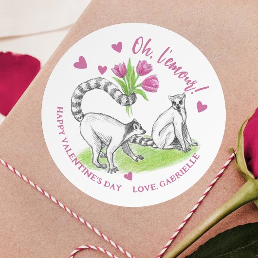Lemur met Tulips Romantic Love Funny French Pun Ronde Sticker