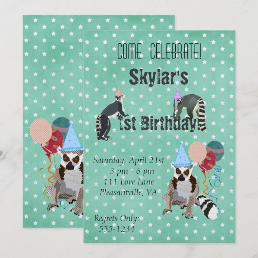 Lemurs Birthday Star Invitation Kaart (Voorkant / Achterkant)