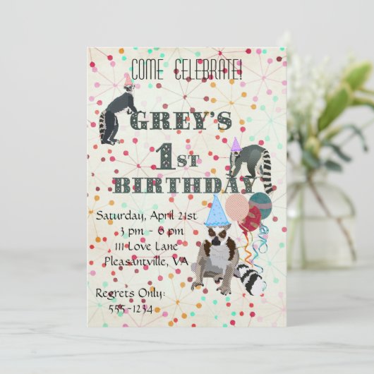 Lemurs Fun Abstracte uitnodiging van Birthday (Staand voorkant)