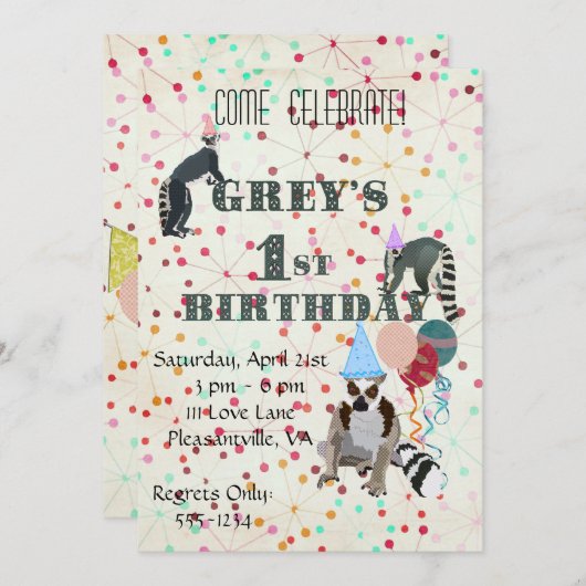 Lemurs Fun Abstracte uitnodiging van Birthday (Voorkant / Achterkant)