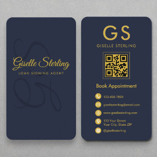Leningondertekenaar Monogram Navy Blue Gold QR Cod Visitekaartje