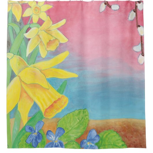 Lentbloemen, Daffodils, Salix caprea en Violet Douchegordijn (Voorkant)