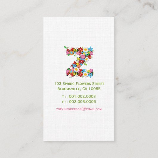 Lentbloemen "Z" Monogram Profielkaart Visitekaartje (Achterkant)