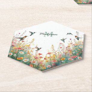 Lente Aquarel Vogels Bloemige Monogram Wilde Bloem Kartonnen Onderzetters