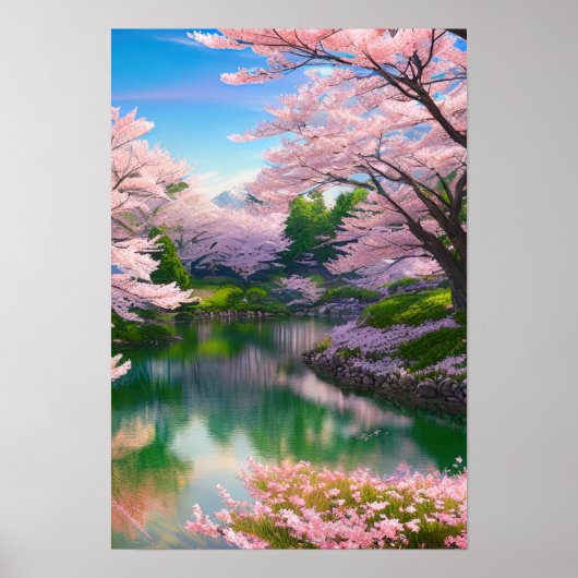 Lente bij de rivier de Cherry Blossom Paradise Poster (Voorkant)