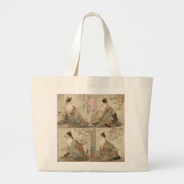 "Lente bij zonsopgang" Japanse kat in kimono kunst Grote Tote Bag