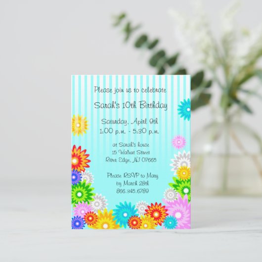 Lente Birthday Party Invitation Colorful Flowers Kaart (Staand voorkant)