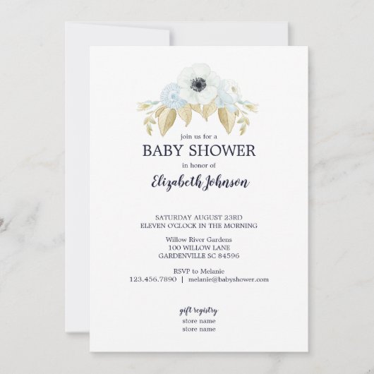 Lente Blauw & Wit Bloemen op Navy Baby shower Kaart (Voorkant)