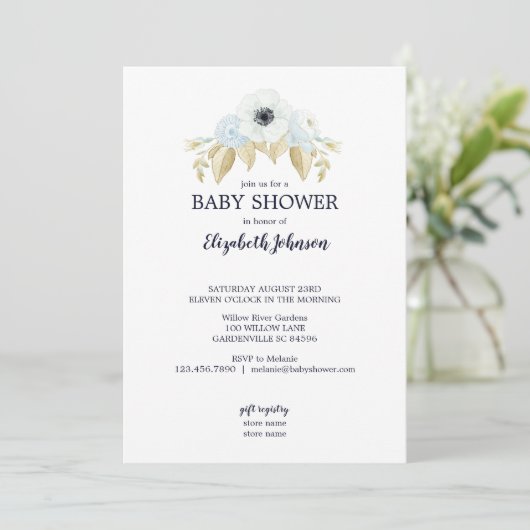 Lente Blauw & Wit Bloemen op Navy Baby shower Kaart (Staand voorkant)