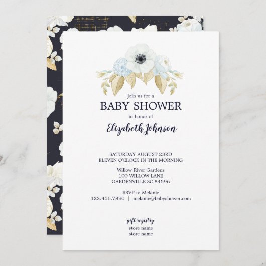 Lente Blauw & Wit Bloemen op Navy Baby shower Kaart (Voorkant / Achterkant)