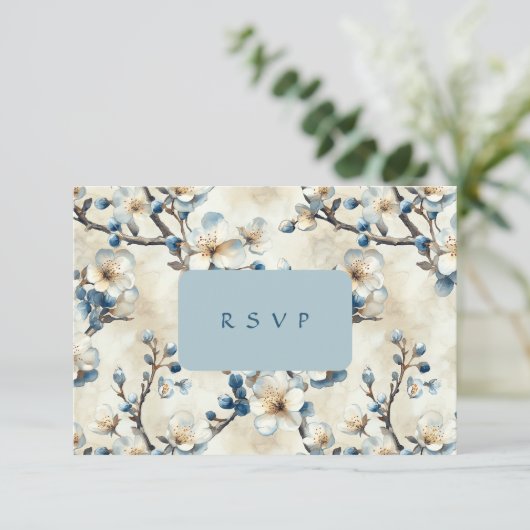 Lente Blauw Witte Bloesem Huwelijk RSVP Kaartje (Staand voorkant)