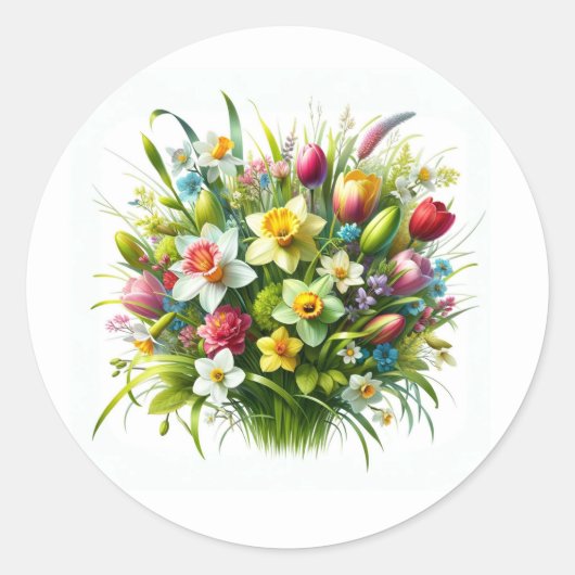 Lente Bloem Boeket Paasbloemen Ronde Sticker (Voorkant)