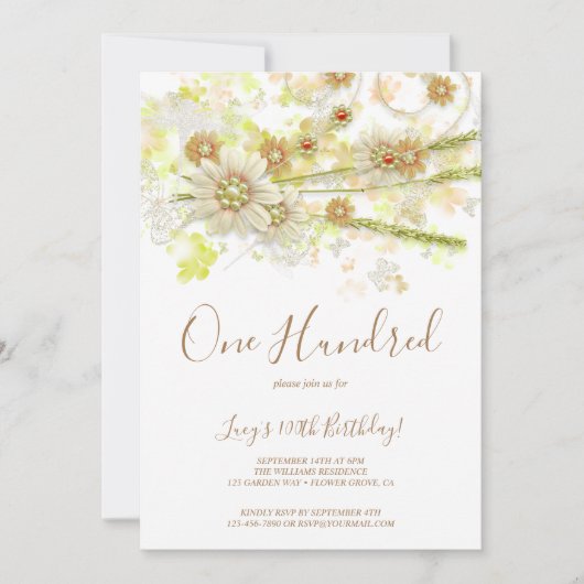 Lente Bloem & Kralen Decoratieve 100ste Verjaardag Kaart (Voorkant)