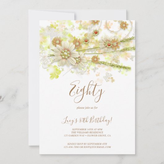 Lente Bloem & Kralen Decoratieve 80ste Verjaardag Kaart (Voorkant)