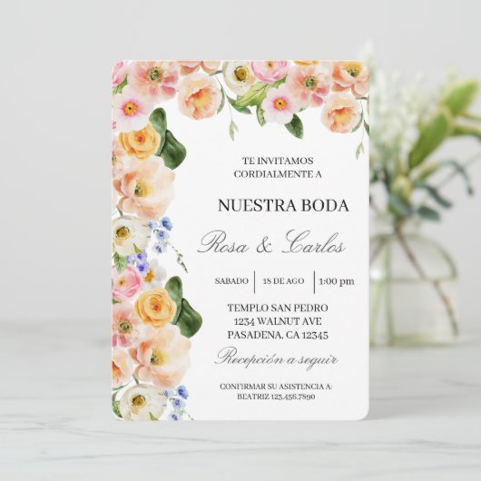 Lente bloem lijst Spaans Bruiloft Uitnodiging (Staand voorkant)